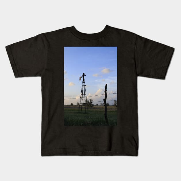 Kansas Broken Windmill on the Prairie Kids T-Shirt by ROBERTDBROZEK